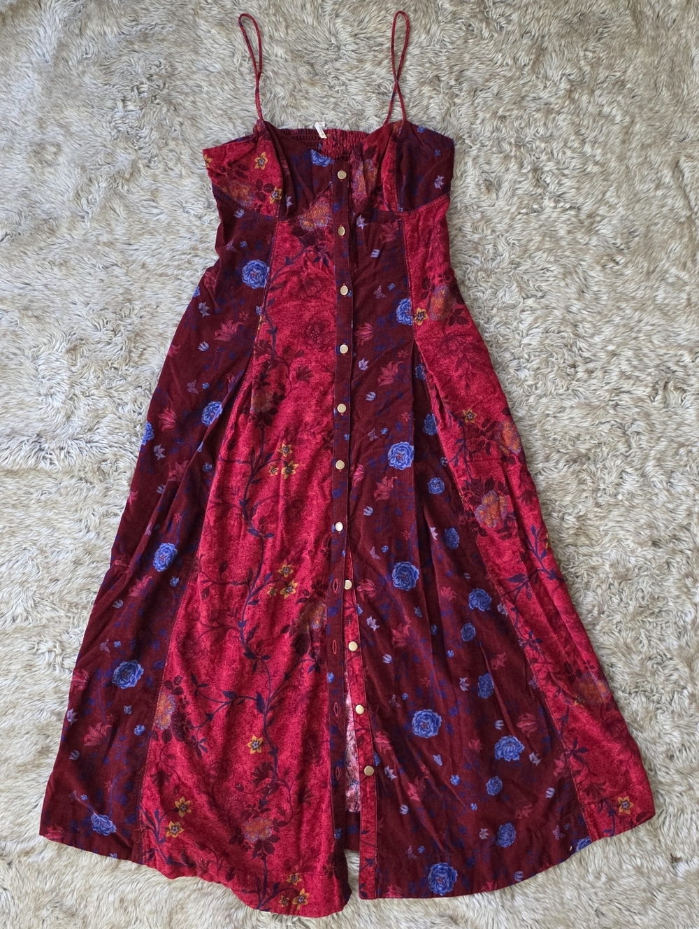 Free People Gail Midi‎ Dress Scarlet Combo Colorblocked Floral Corduroy - Picture 3 of 16